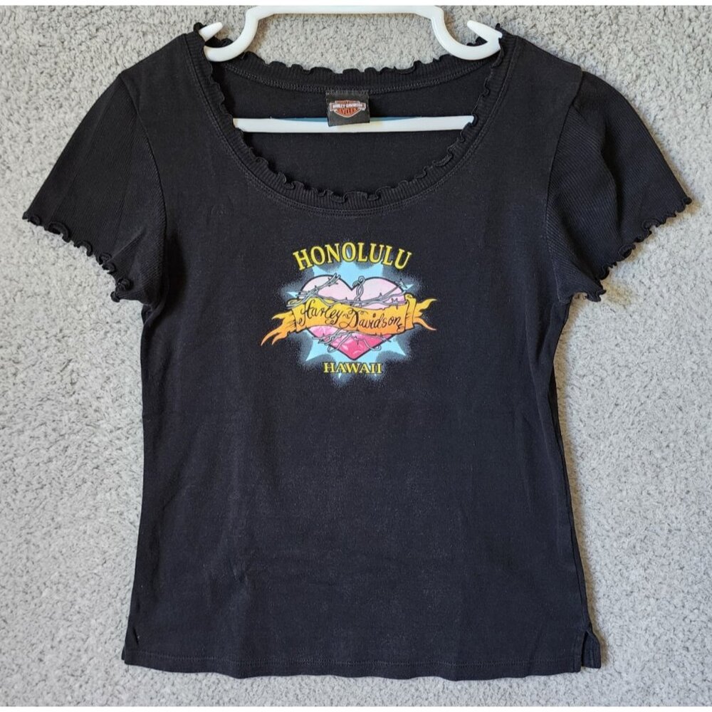 Vtg Y2K Harley Davidson Womens M Short Sleeve Baby Tee Lettuce Trim Black Hawaii